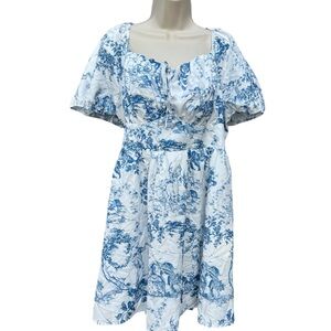 Shein‎ Mod 2XL Curve Blue White Puff Sleeve Above Knee Front Tie Boho Sundress